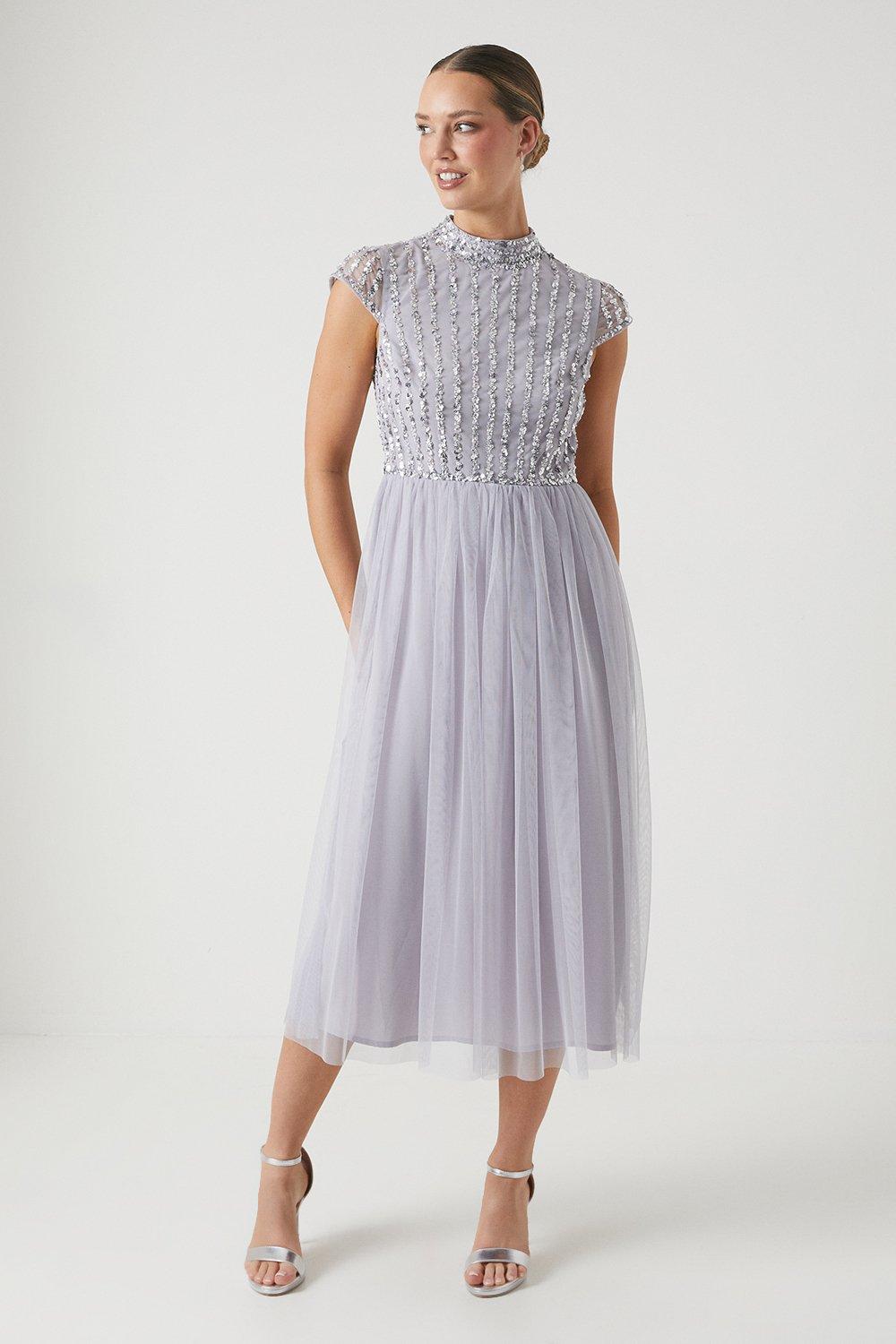 Linear Embellished Cap Sleeve Bridesmaids Dress - Lilac Haze